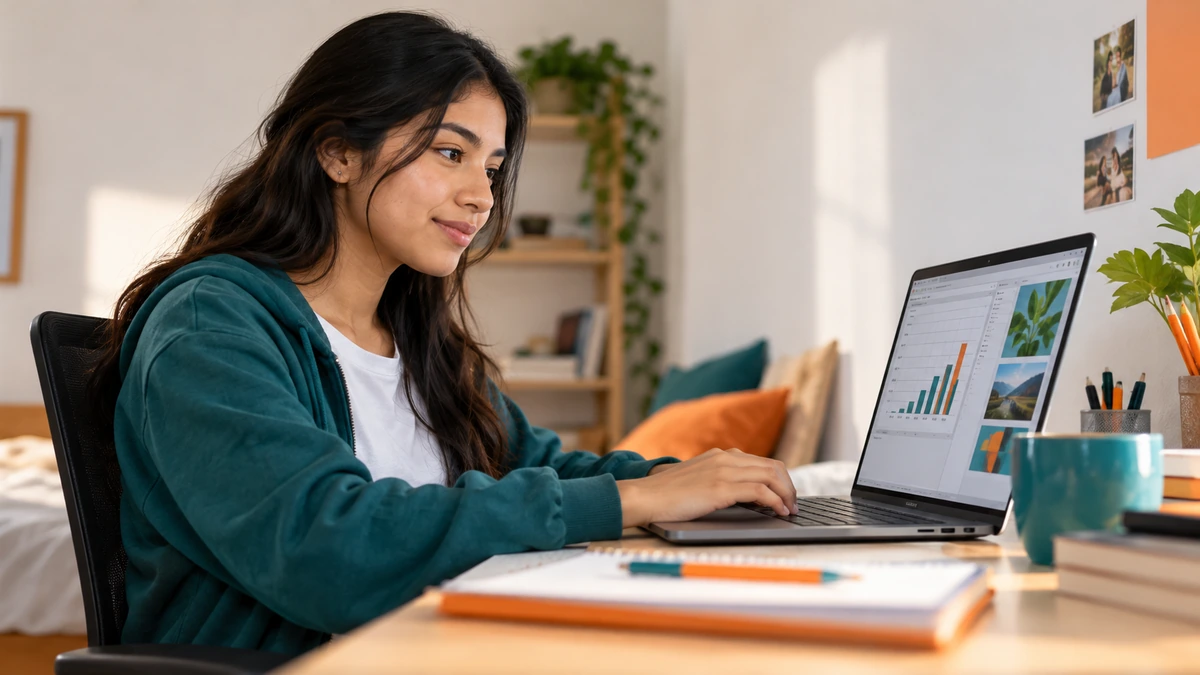 Joven desarrollando habilidades digitales en laptop, con gráficos e interfaz de trabajo en un entorno de estudio en casa.