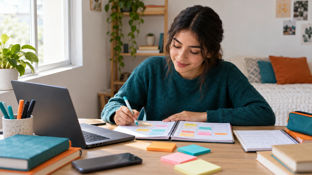 Estudiante organizando su semana con planeador, notas de colores y materiales de estudio sobre el escritorio.
