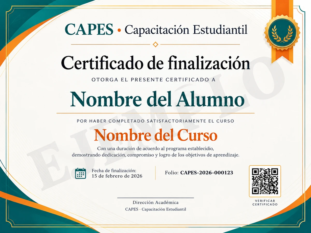 Ejemplo de certificado CAPES con nombre del alumno, curso, fecha, folio y código QR.