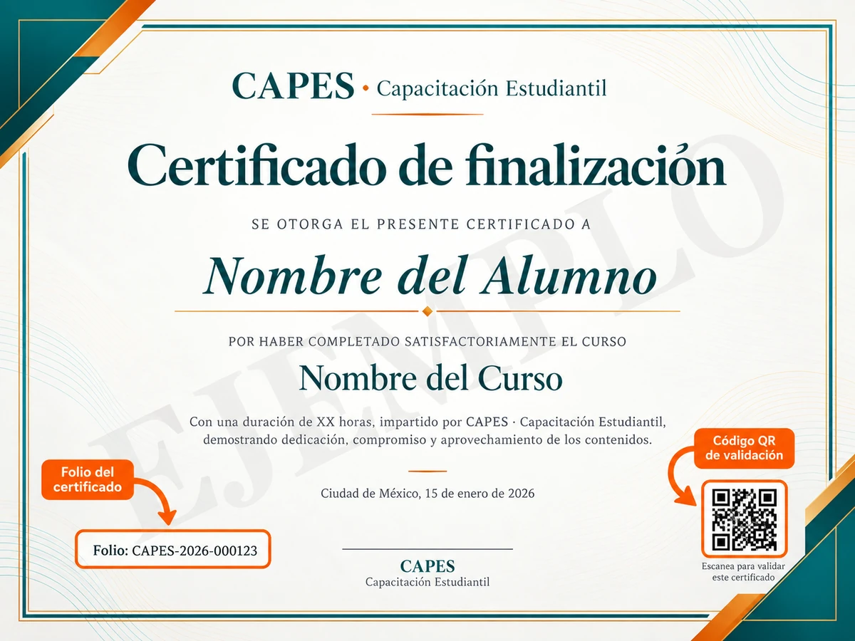 Ejemplo de certificado CAPES con indicaciones visuales para localizar el folio y el código QR.
