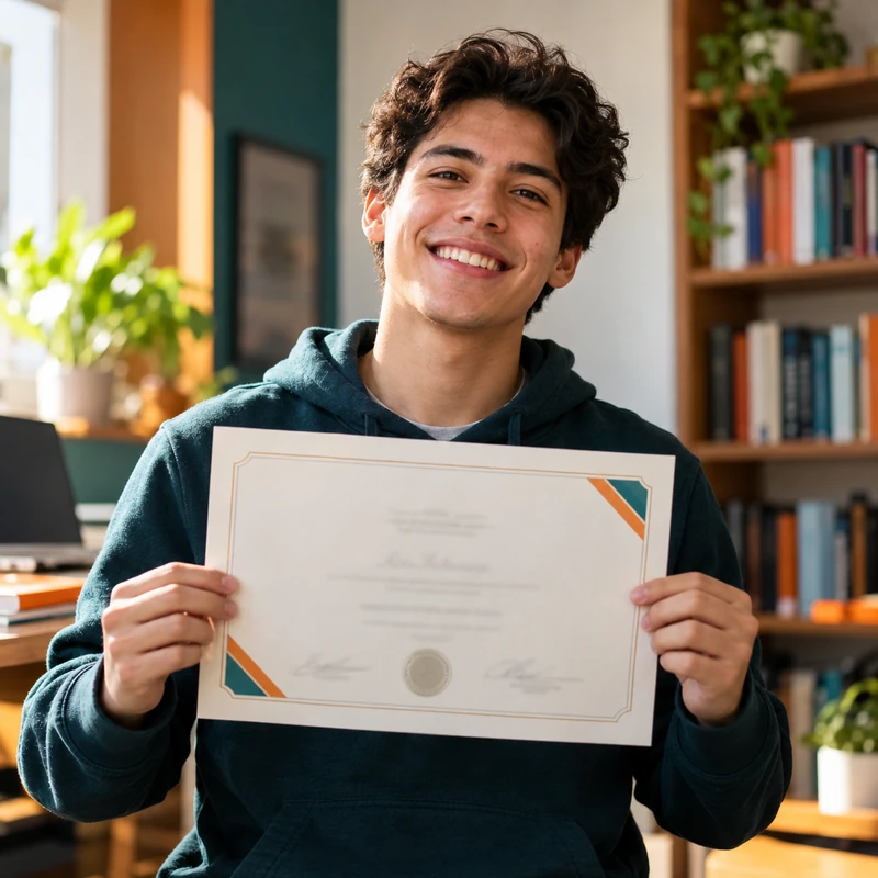 Estudiante joven sosteniendo orgulloso un certificado de finalización.